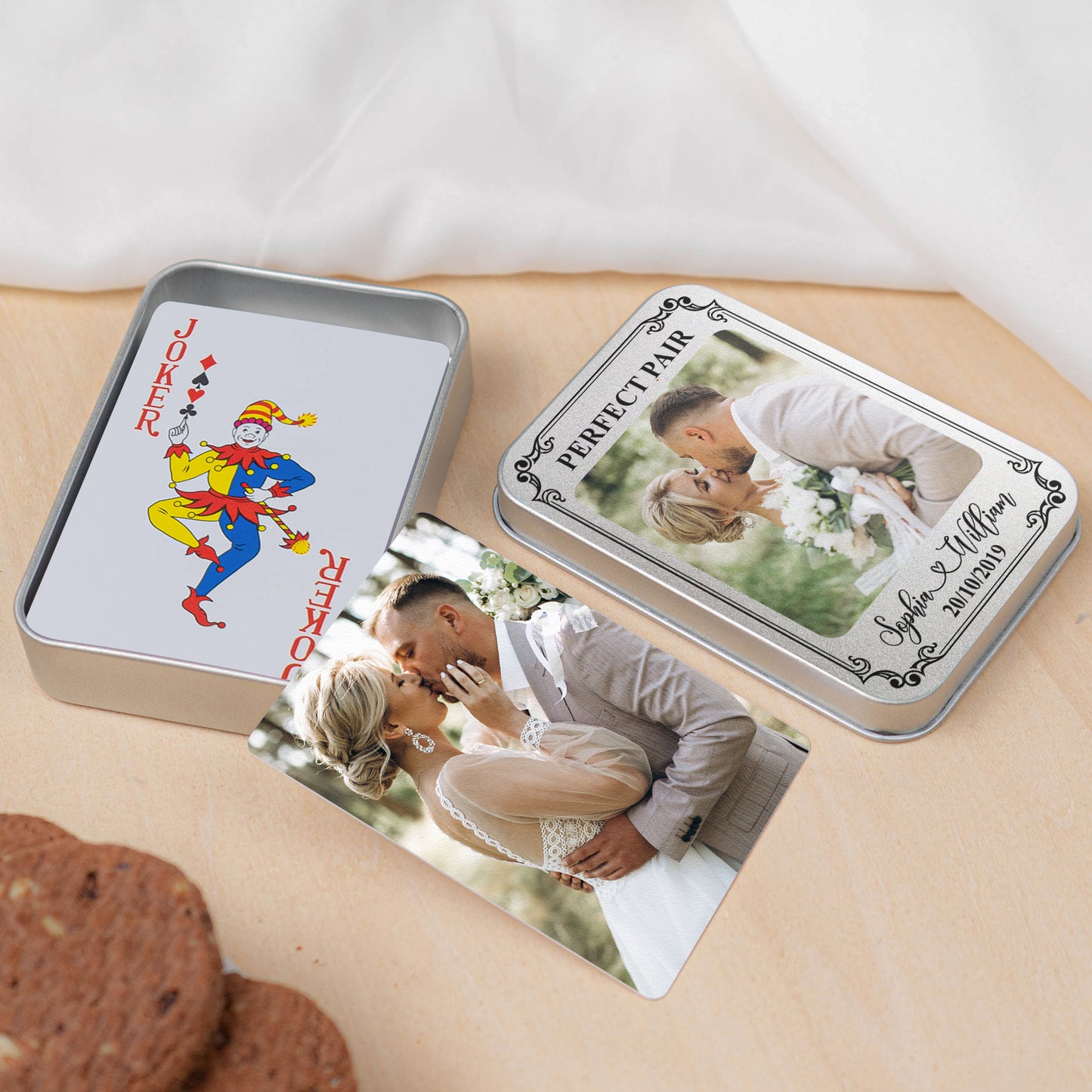 Custom Photo Deck Game For Couples Bulk Wedding Favors - Personalized Playing Photo Cards With Metal Box