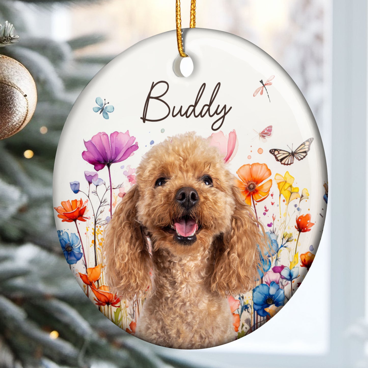 Custom Photo Dog Cat Watercolor Wildflowers - Personalized Ceramic Photo Ornament