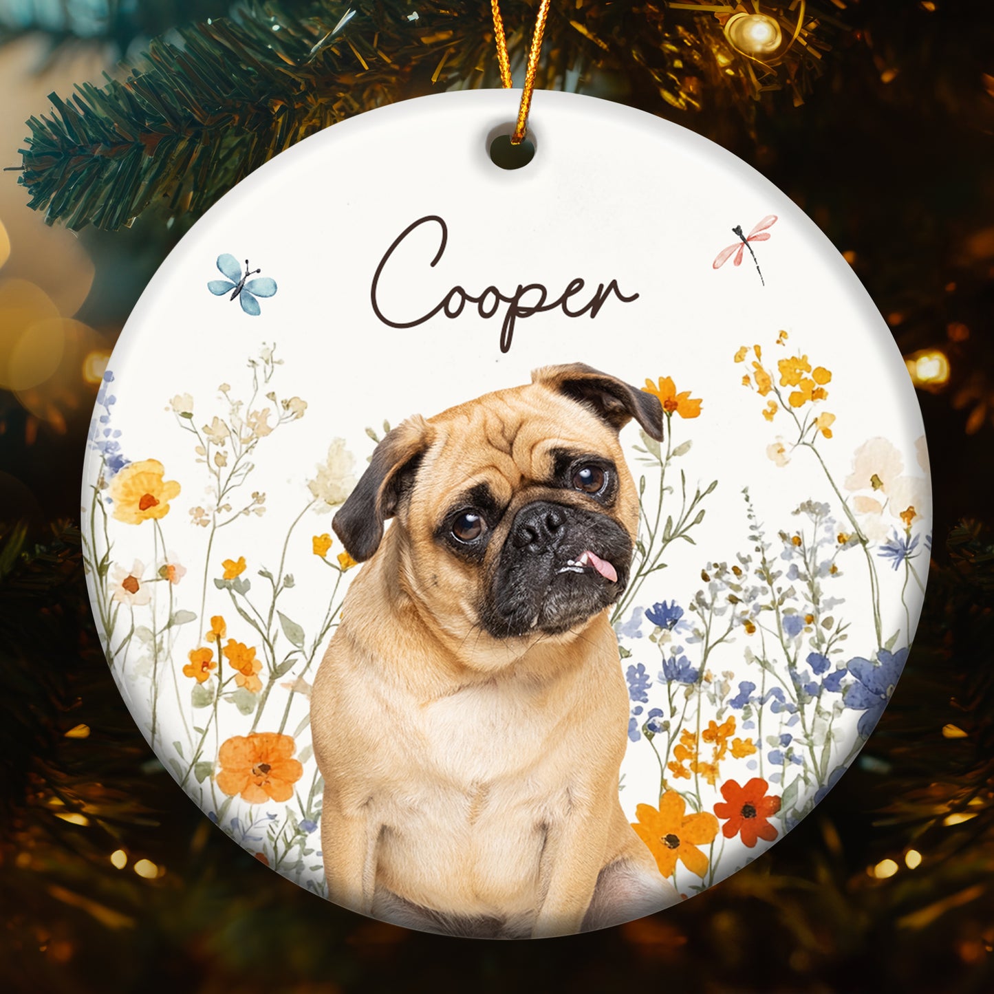 Custom Photo Dog Cat Watercolor Wildflowers - Personalized Ceramic Photo Ornament