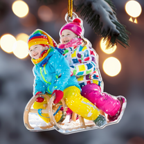 Custom Photo Family, Friends, Kids Sleigh Ride Fun Sled - Personalized Acrylic Photo Ornament