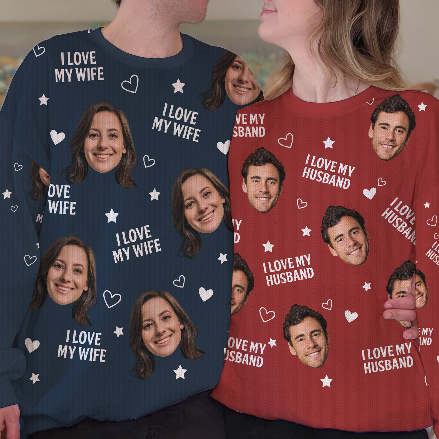 Custom Photo Funny Face I Love My Lover - Personalized Matching Photo Sweater