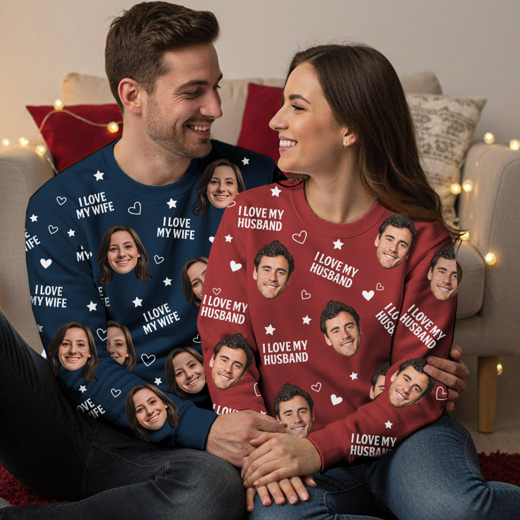 Custom Photo Funny Face I Love My Lover - Personalized Matching Photo Sweater