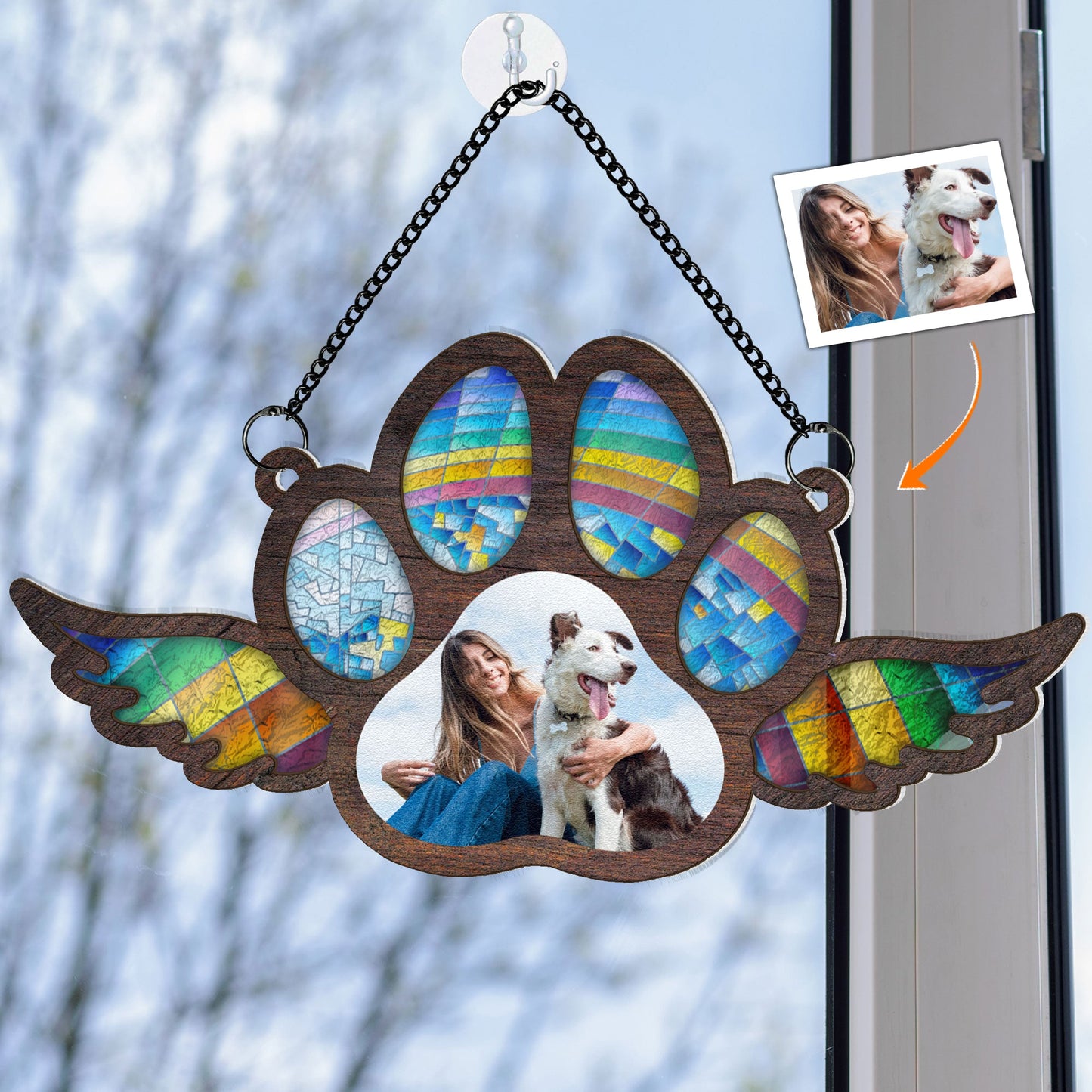 Custom Photo Paw With Wings - Personalized Window Hanging Suncatcher Photo Ornament