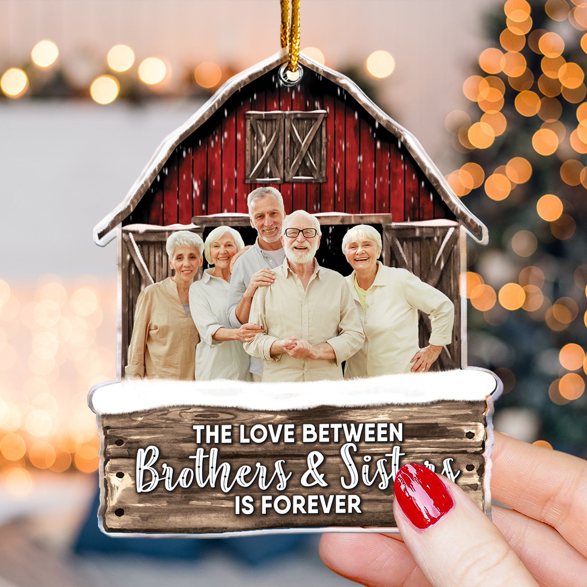 Custom Photo Red Barn Christmas Family - Personalized Acrylic Photo Ornament