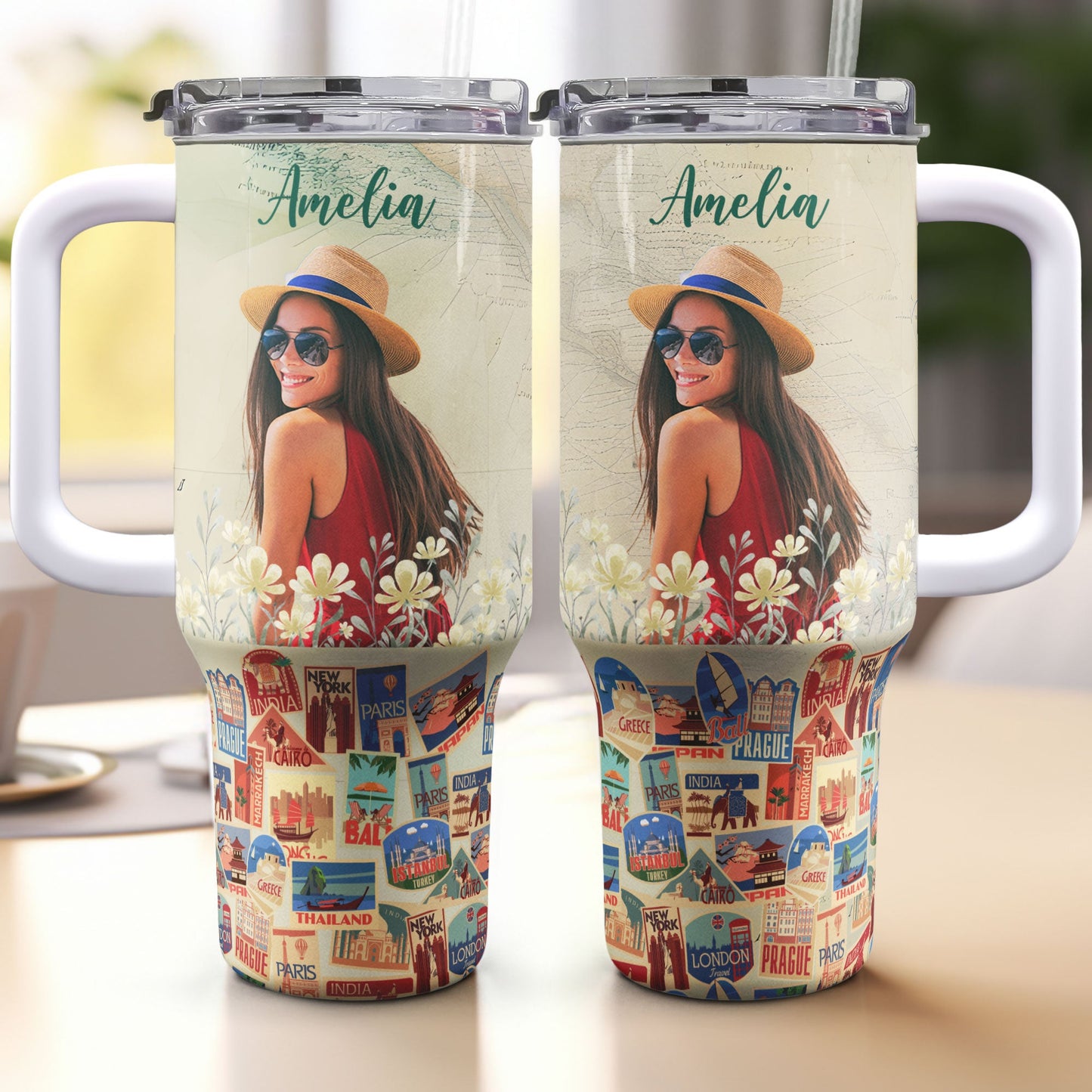 Custom Photo Travel Theme - Personalized Photo 40oz Tumbler With Straw