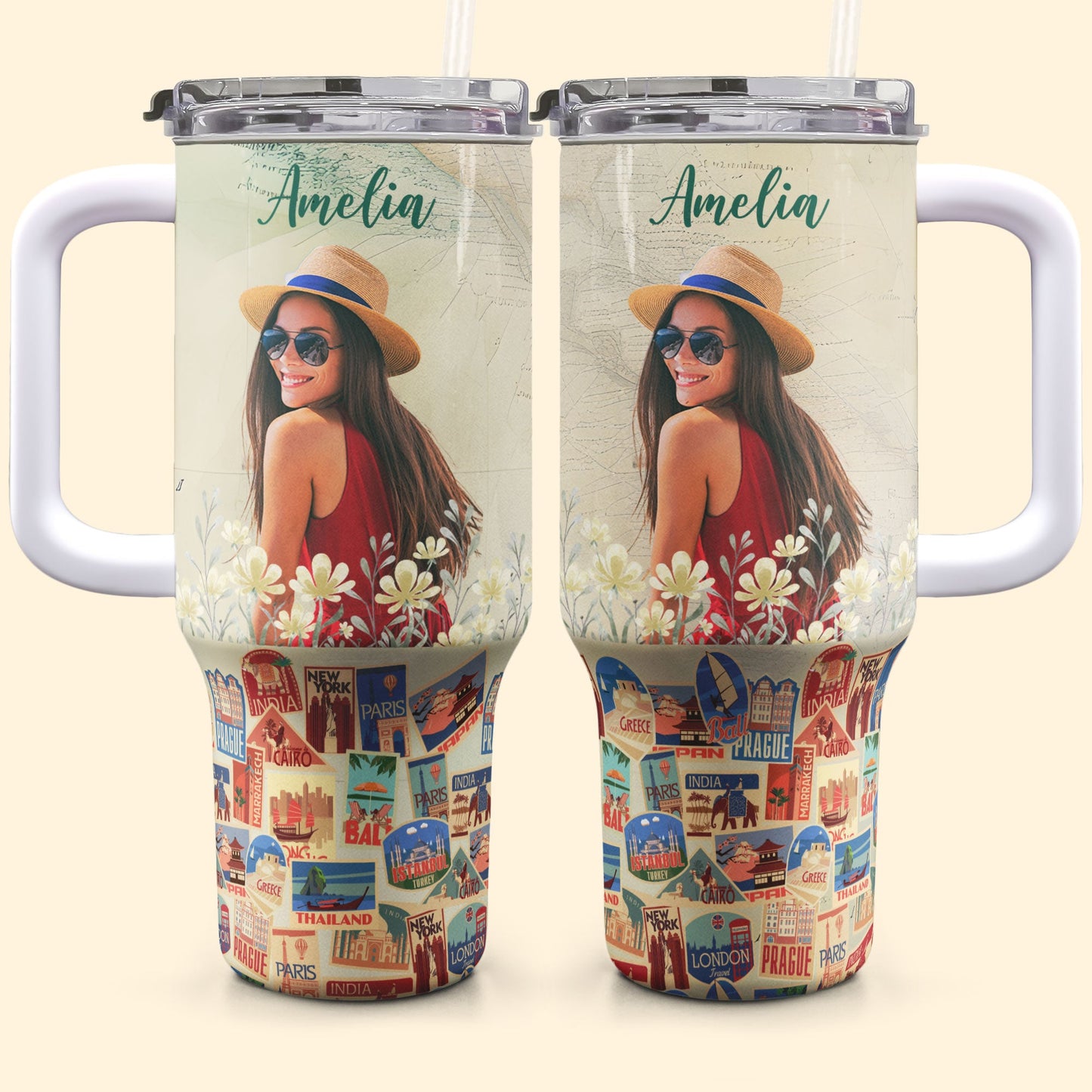 Custom Photo Travel Theme - Personalized Photo 40oz Tumbler With Straw