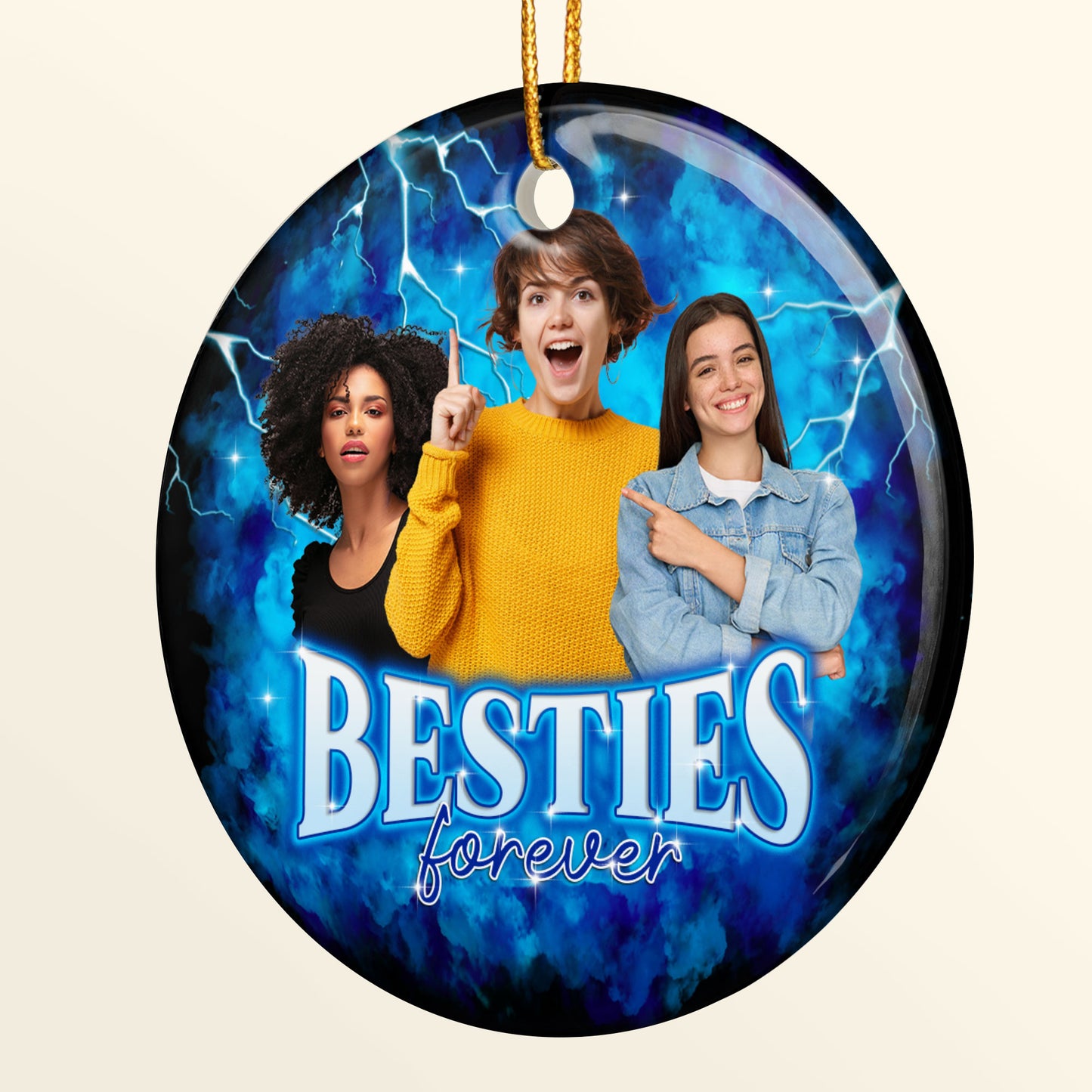 Custom Photos Bootleg Style Besties Ornament - Personalized Ceramic Photo Ornament