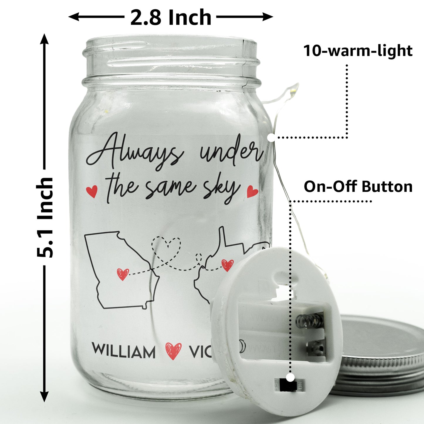 Custom States Always Under The Same Sky - Personalized Mason Jar Light