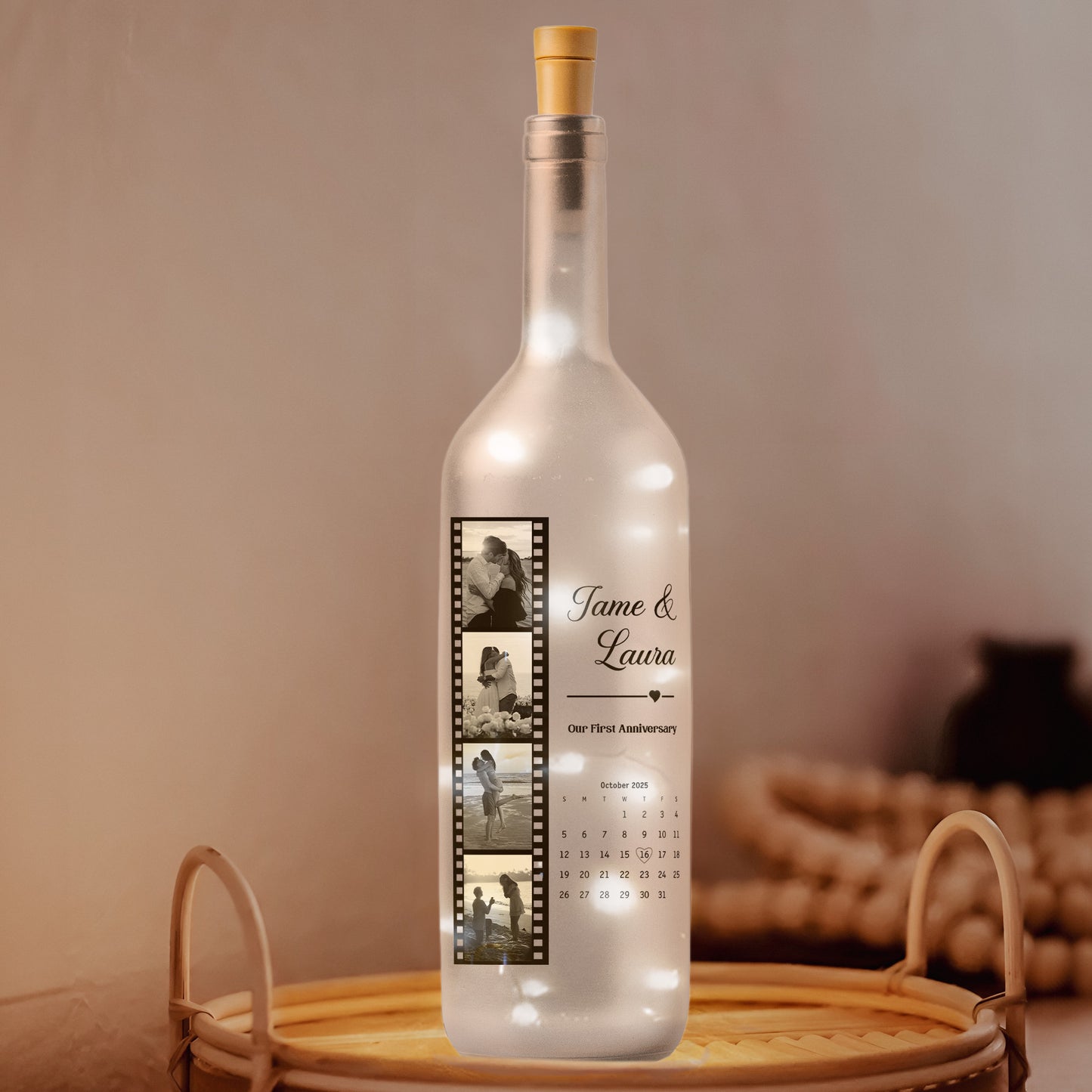 Custom Vintage Couple Photos Strip & Special Date Calendar Anniversary - Personalized Bottle Lamp