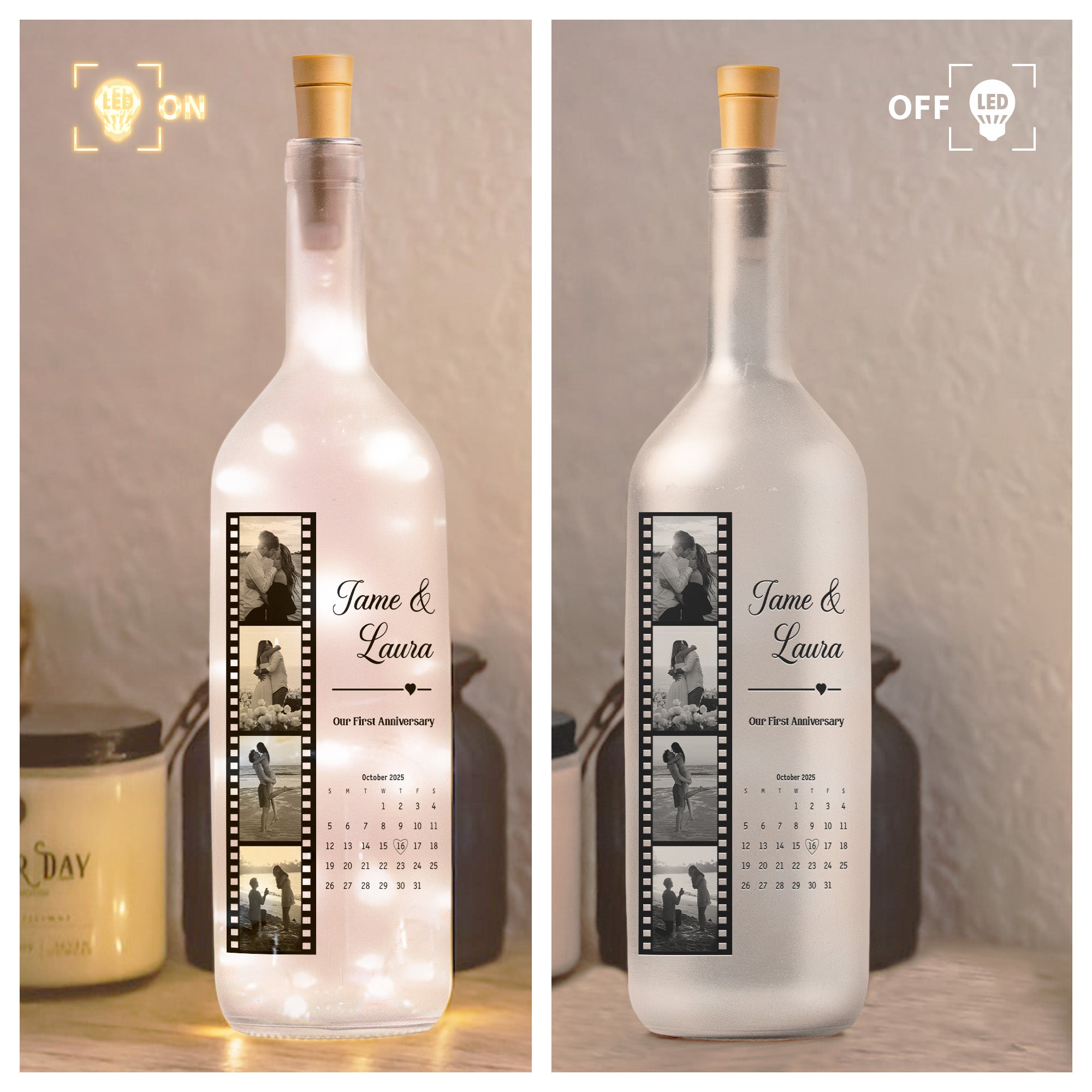 Custom Vintage Couple Photos Strip & Special Date Calendar Anniversary - Personalized Bottle Lamp