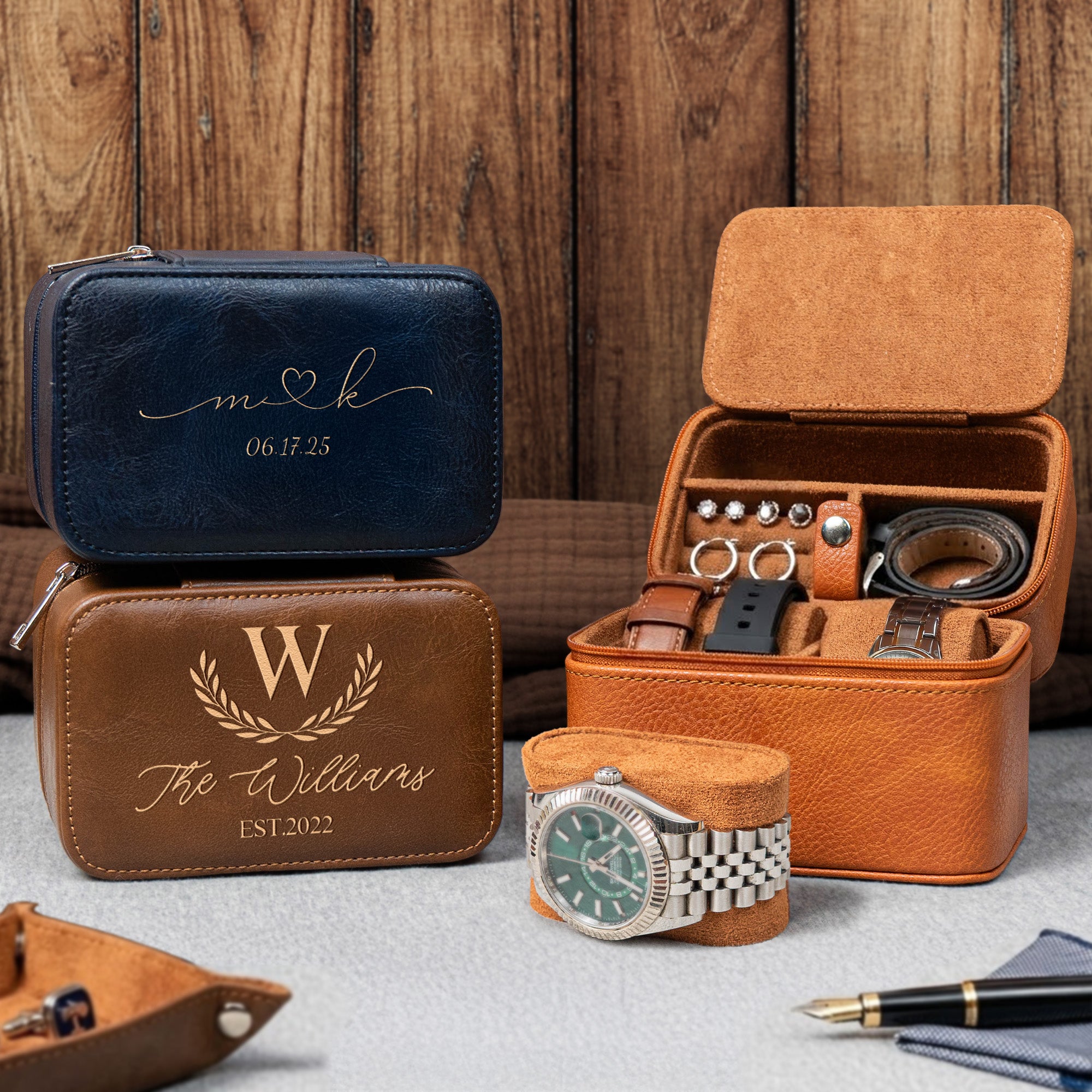 Custom Vintage Monogram Family Name, Couples Initial For Him, Men, Husband - Personalized Watch Travel Case