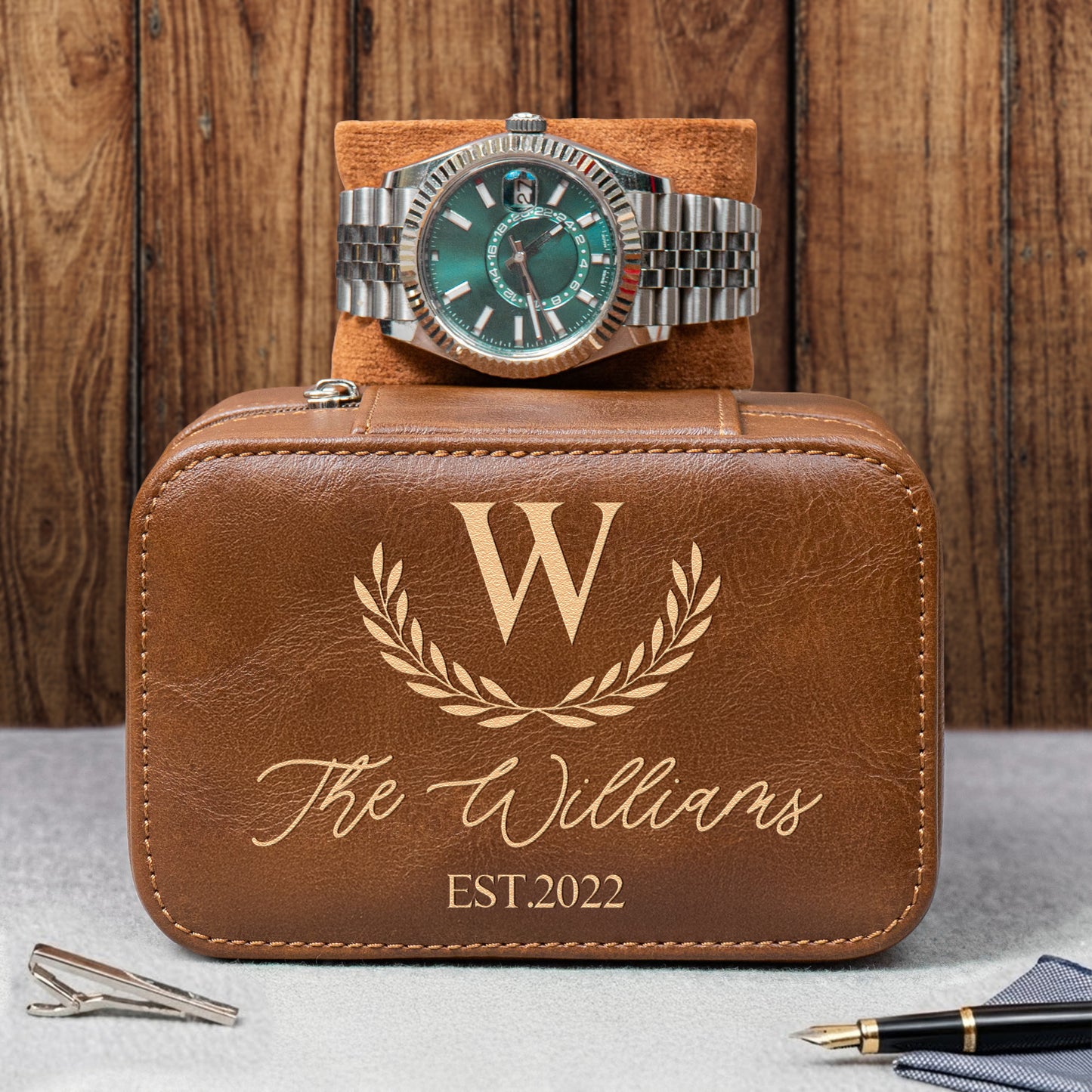 Custom Vintage Monogram Family Name, Couples Initial For Him, Men, Husband - Personalized Watch Travel Case