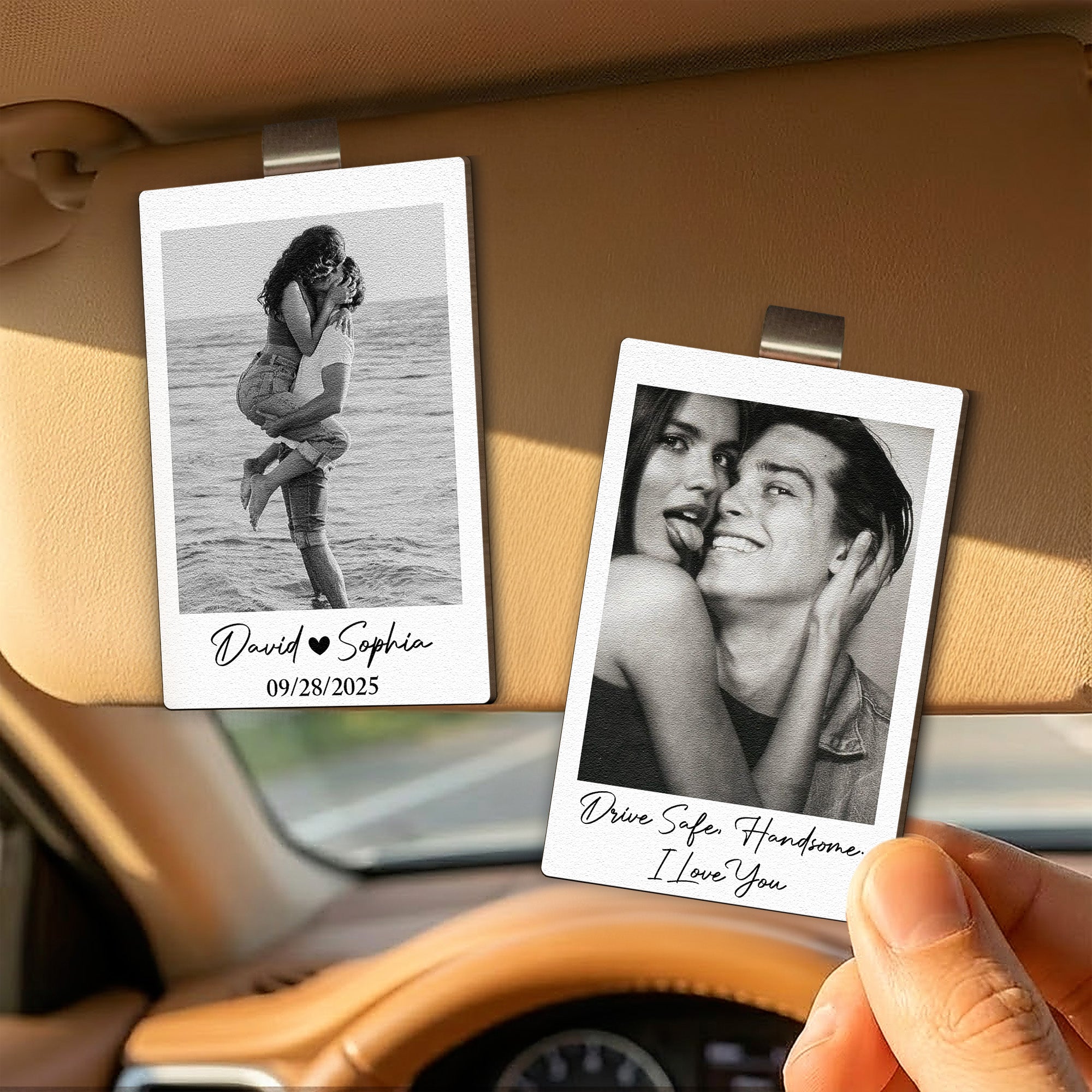 Custom Vintage Retro Couple Photo - Personalized Wooden Photo Car Visor Clip