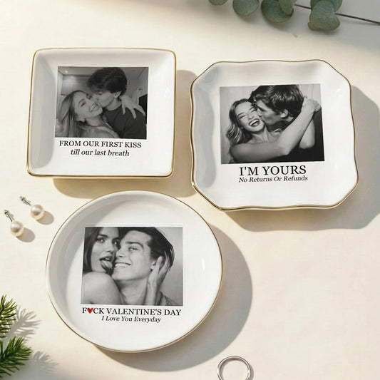 Custom Vintage Retro Couple Photo Trinket Tray For Wife, Girlfriend, Her - Personalized Photo Jewelry Dish
