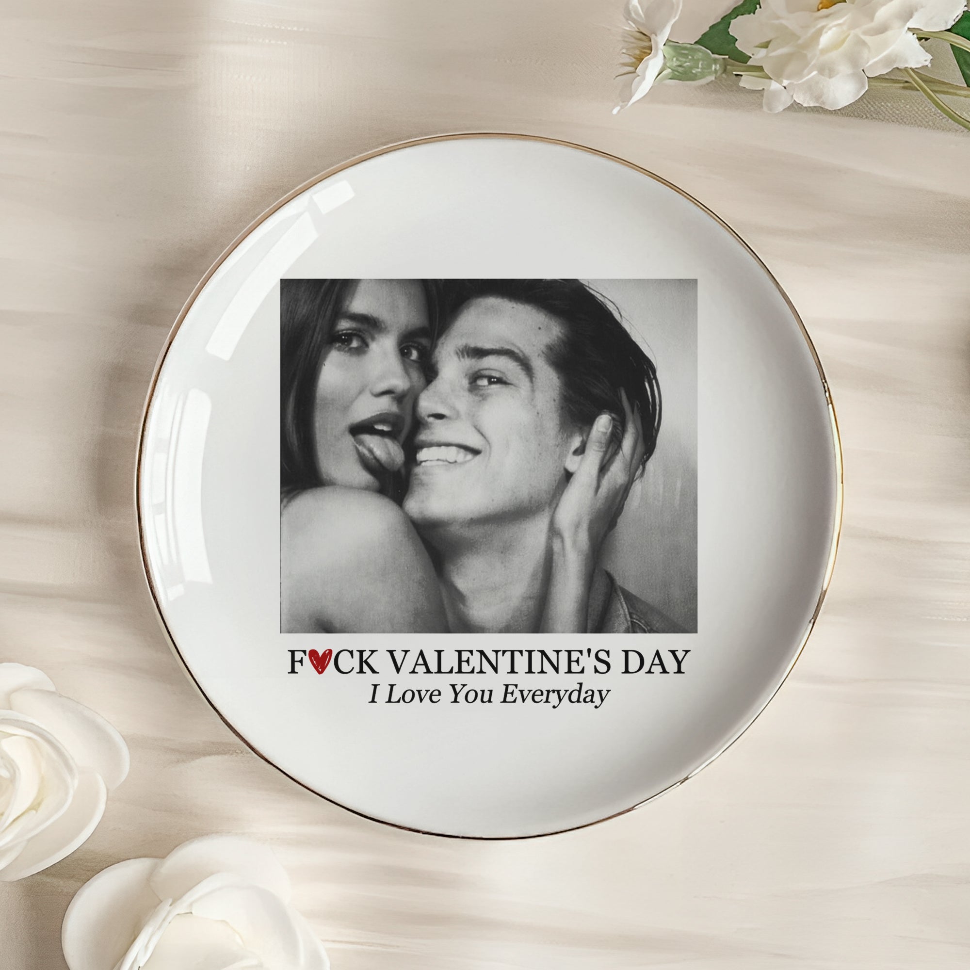 Custom Vintage Retro Couple Photo Trinket Tray For Wife, Girlfriend, Her - Personalized Photo Jewelry Dish