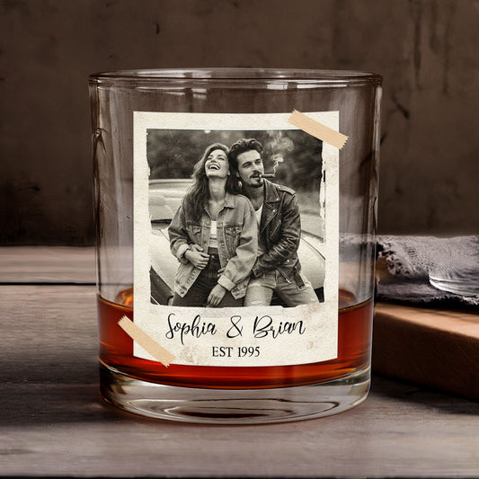 Custom Vintage Retro Polaroid Couples Photo Gifts For Him, Husband - Personalized Photo Whiskey Glass