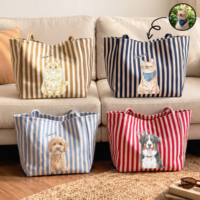 Custom Watercolor Pet Portrait Striped Canvas Bag - Personalized Tote Bag