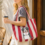Custom Watercolor Pet Portrait Striped Canvas Bag - Personalized Tote Bag