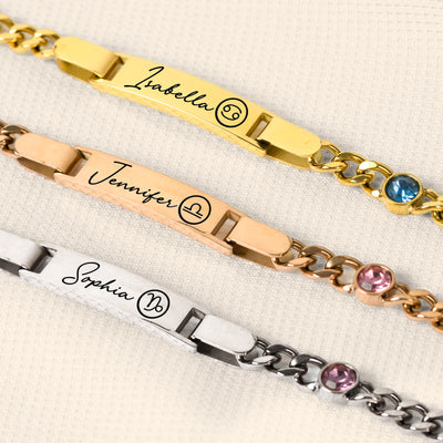 Custom Zodiac And Name - Personalized Stainless Steel Engraved Name Bracelet