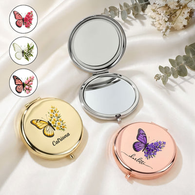 Custom Birth Flower Butterfly Wedding Birthday Gifts For Friends, Bridesmaid - Personalized Compact Mirror