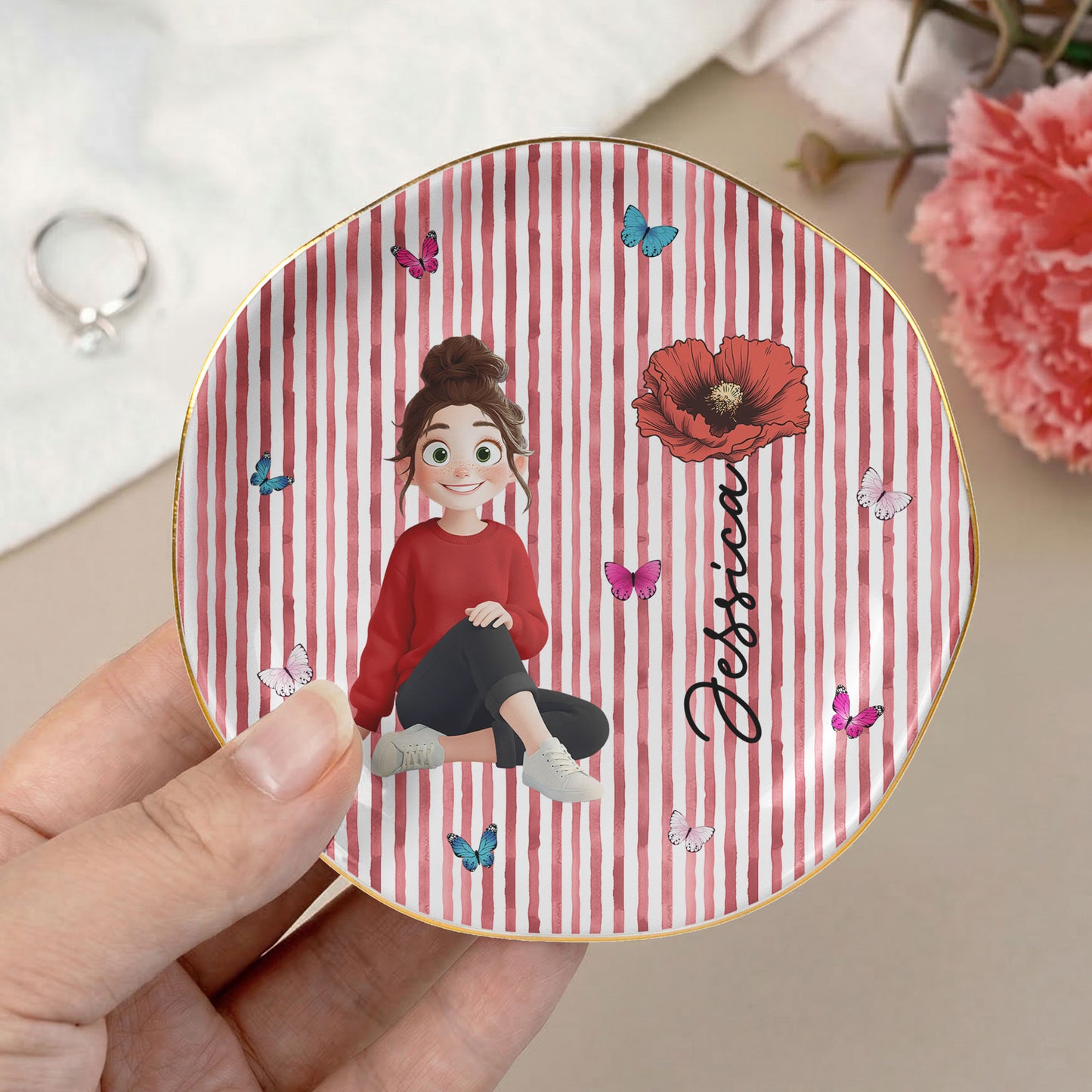 Custom-Birth-Flower-&-Cute-Character-For-Her,-Coworkers,-Friends,-Daughter-Personalized-Jewelry-Dish-2