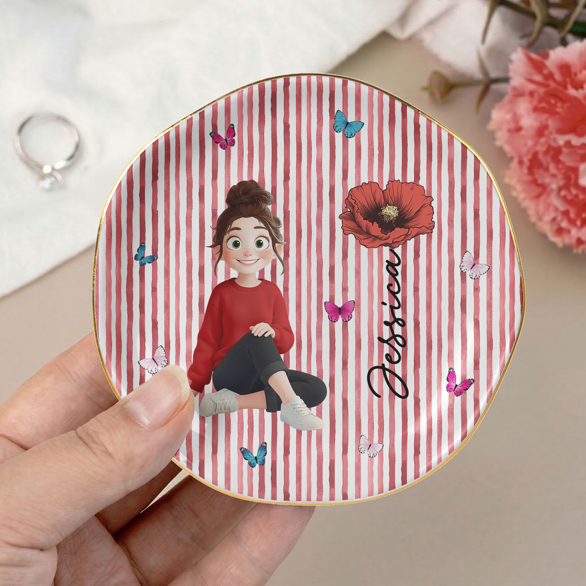 Custom-Birth-Flower-&-Cute-Character-For-Her,-Coworkers,-Friends,-Daughter-Personalized-Jewelry-Dish-2