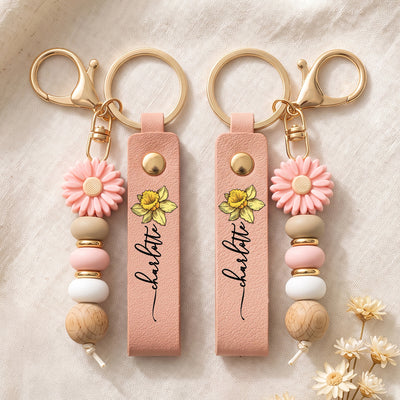 Custom Birth Flower & Name For Friends, Coworkers, Daughter, Self Gift - Personalized Beaded Keychain