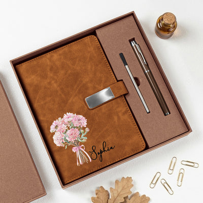 Custom Birth Flower & Name For Her, Friends, Sisters, Daughter - Personalized Notebook Set