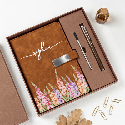 Custom Birth Flower & Name For Her, Wife, Daughter, Sister - Personalized Notebook Set