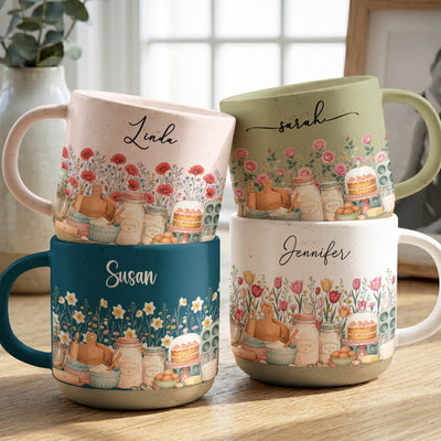 Custom Birth Flower & Name Pottery Mug - Gift For Baker - Personalized Mug