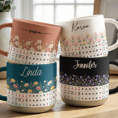 Custom Birth Flower & Name Pottery Mug - Gift For Mahjong Lovers - Personalized Mug
