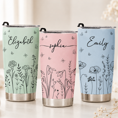 Custom Birth Flower & Name Tumbler Gift For Her - Personalized Tumbler