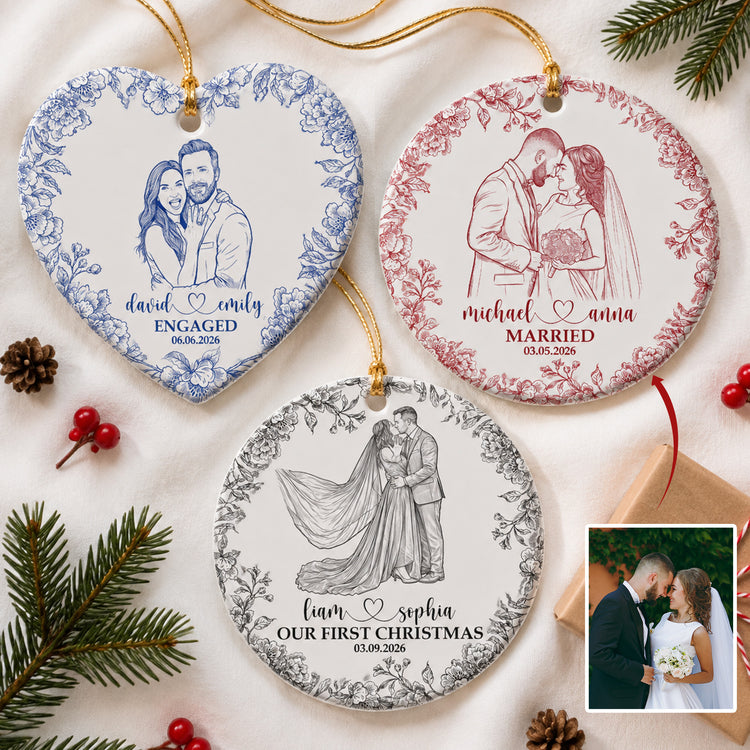 Custom-Couple-Photo-Sketch-Line-Art-First-Christmas-Married-Personalized-Ornament-1