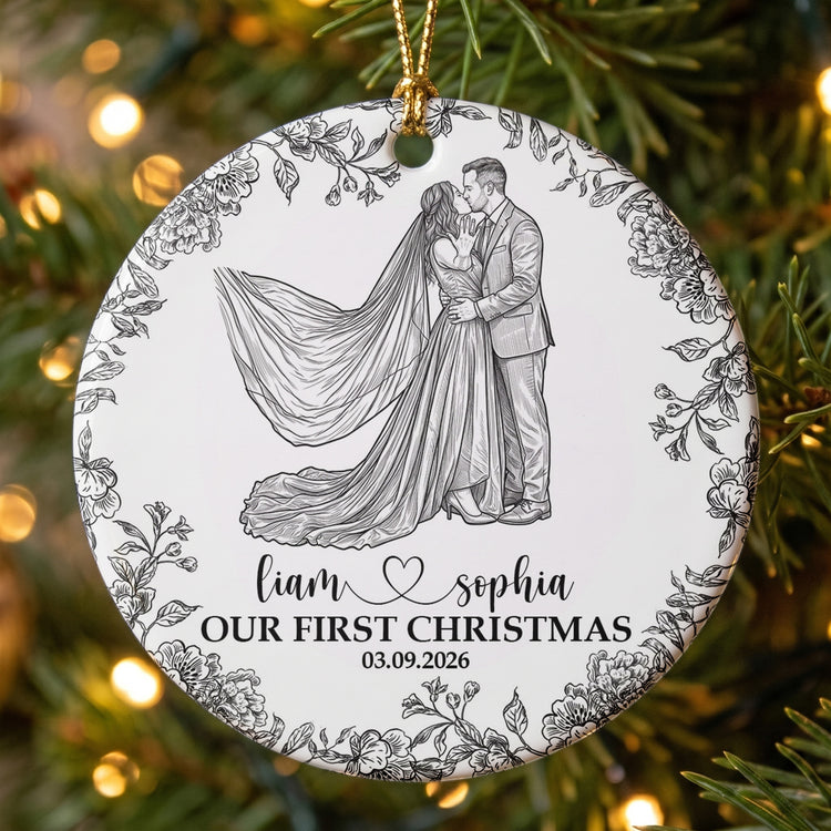 Custom-Couple-Photo-Sketch-Line-Art-First-Christmas-Married-Personalized-Ornament-3