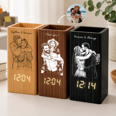Custom Couple Sketch Line Art Anniversary Gift - Personalized Pen Holder With Clock