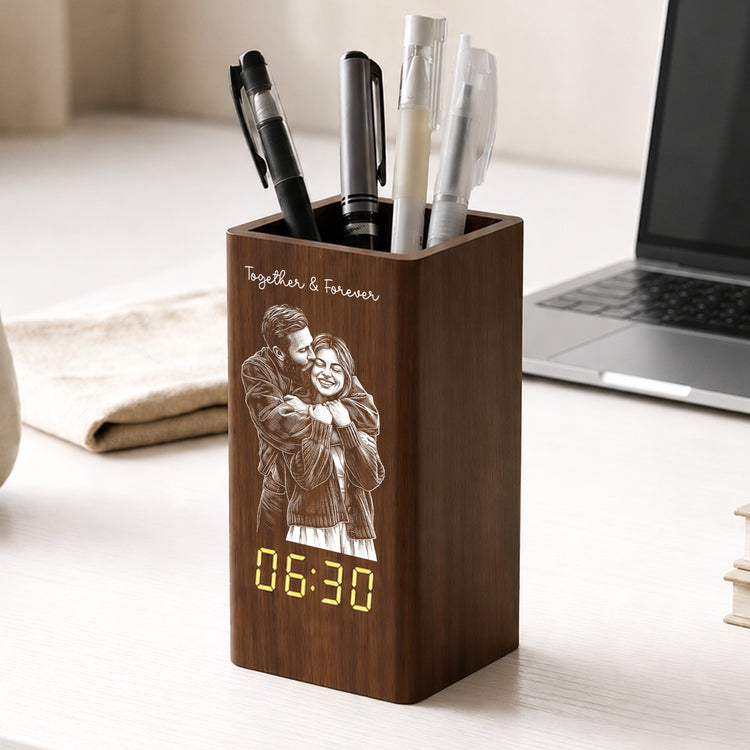 Custom-Couple-Sketch-Line-Art-Anniversary-Gift-Personalized-Pen-Holder-With-Clock-2
