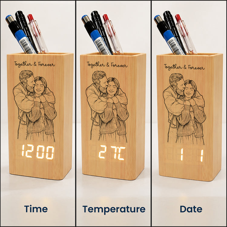 Custom-Couple-Sketch-Line-Art-Anniversary-Gift-Personalized-Pen-Holder-With-Clock-4