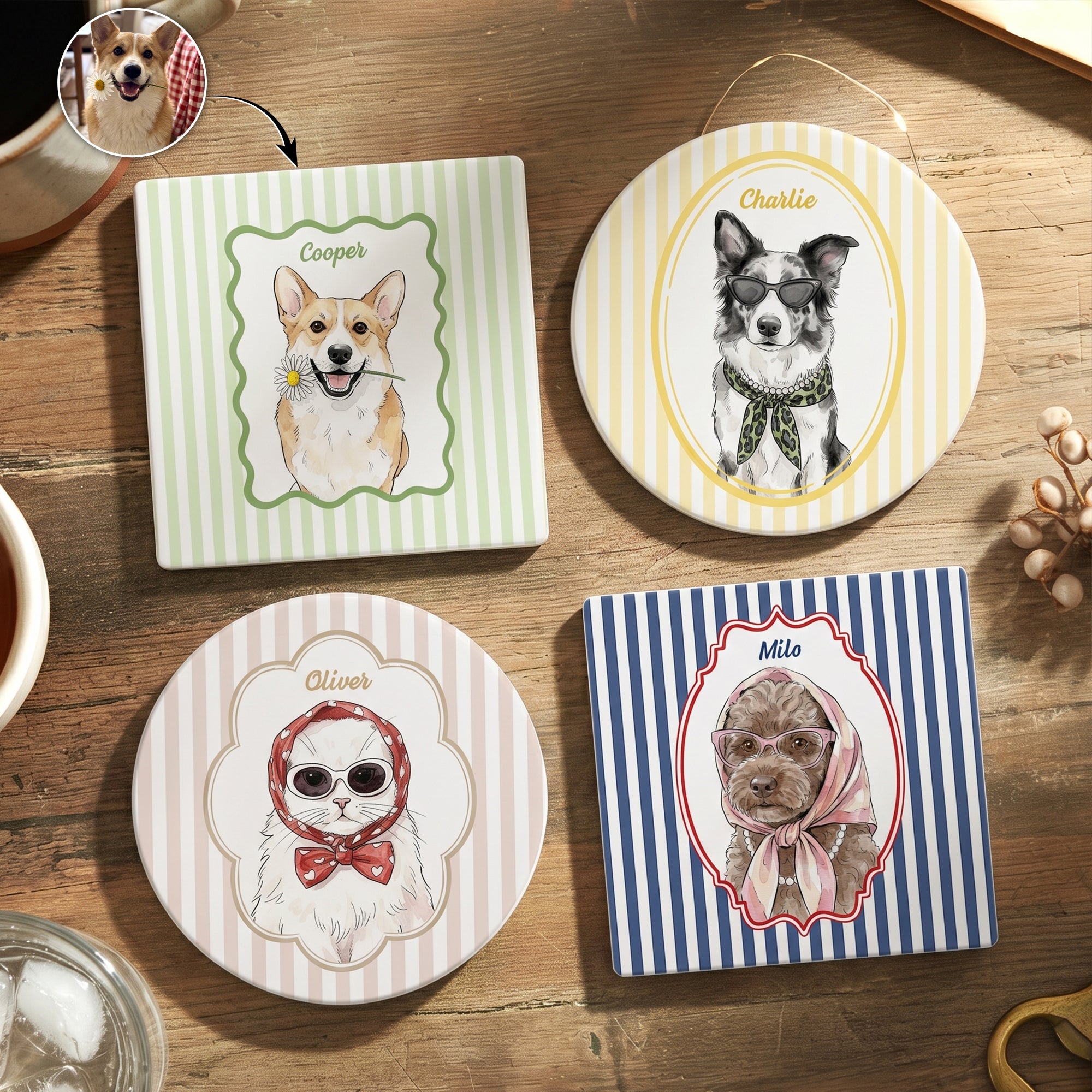 Custom-Cup-With-Pet-Photo-Watercolor-Art-Striped-Pattern-Personalized-Coaster-1