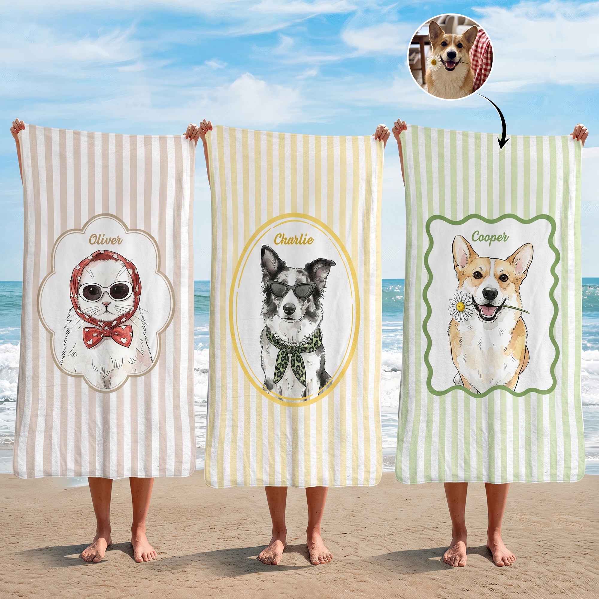 Custom-Cute-Pet-Photo-Watercolor-Striped-Pattern-Personalized-Beach-Towel-1