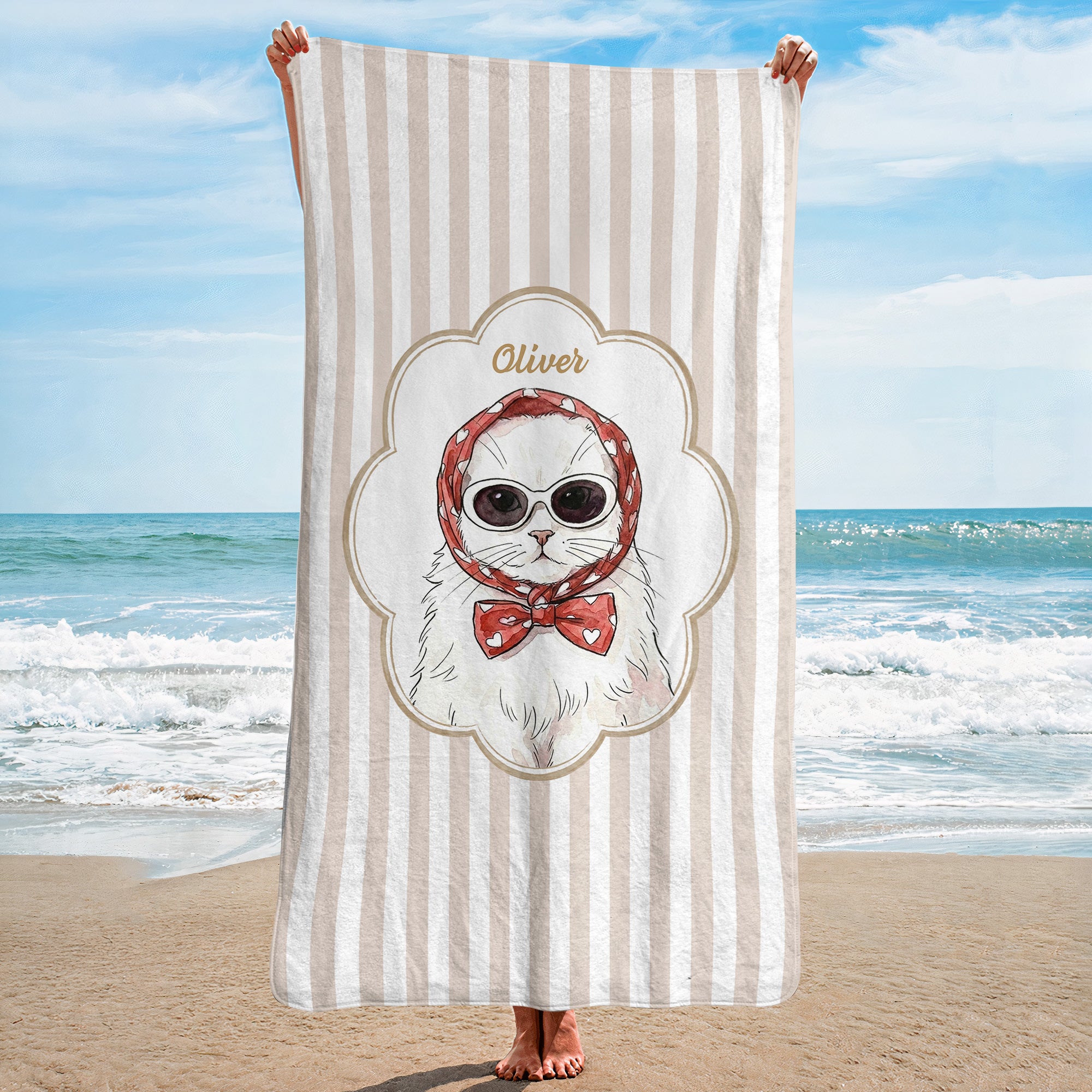 Custom-Cute-Pet-Photo-Watercolor-Striped-Pattern-Personalized-Beach-Towel-2