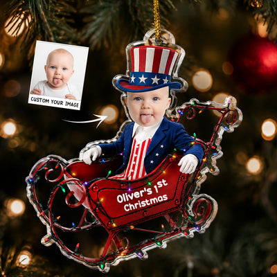 Custom Face Adorable Baby With Santa Sleigh 250Th Anniversary - Personalized Ornament