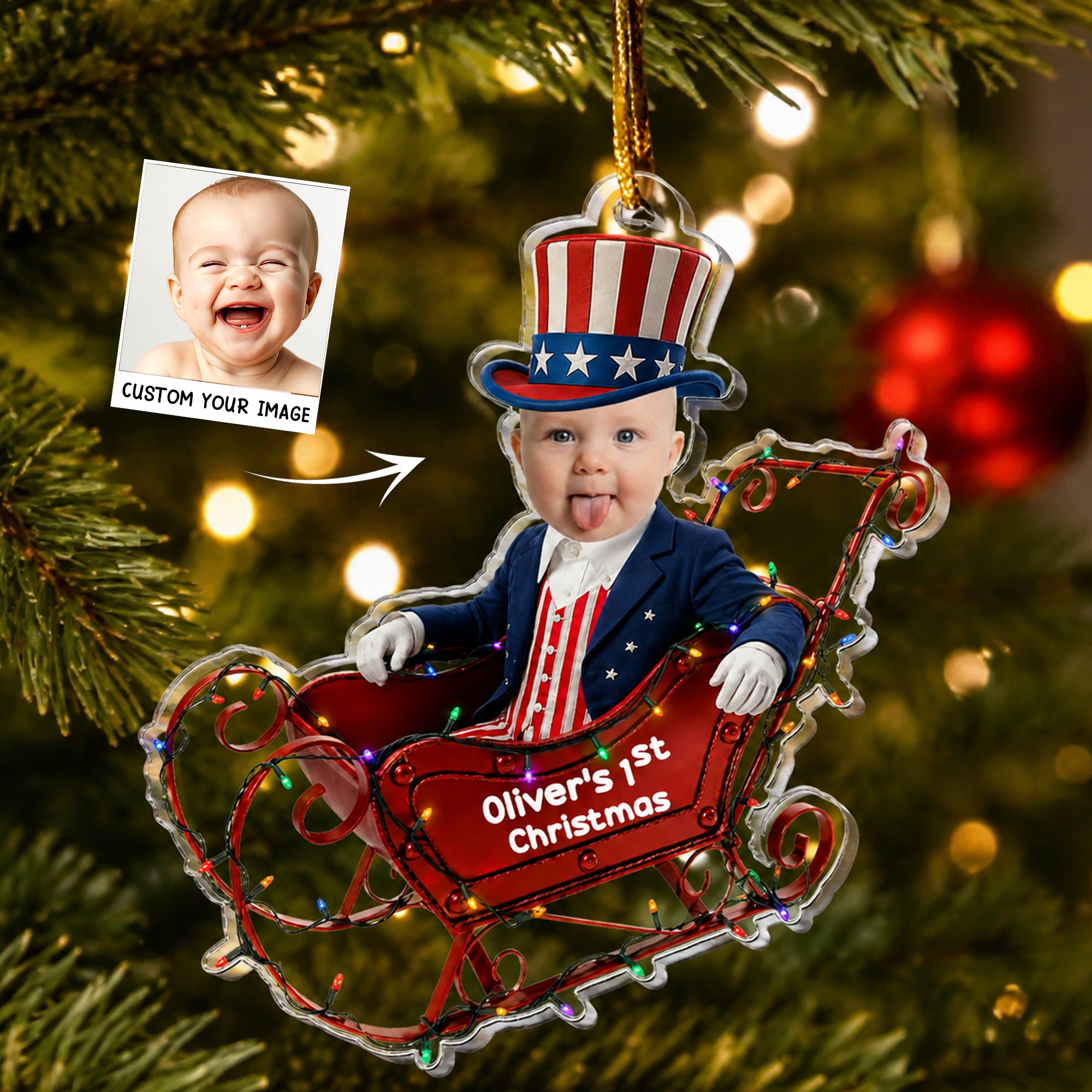 Custom-Face-Adorable-Baby-With-Santa-Sleigh-250Th-Anniversary-Personalized-Ornament-2