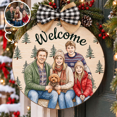 Custom Family Name And Photo Watercolor Art Christmas Decor - Personalized Wood Sign