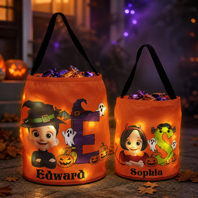 Custom Initial Kid Name Candy Basket With Glow Light - Personalized Halloween Basket