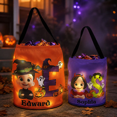 Custom Initial Kid Name Candy Basket With Glow Light - Personalized Halloween Basket