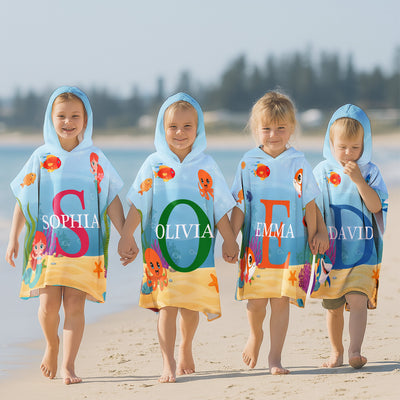 Custom Initial Name Sea Animals - Personalized Kids Hooded Towel