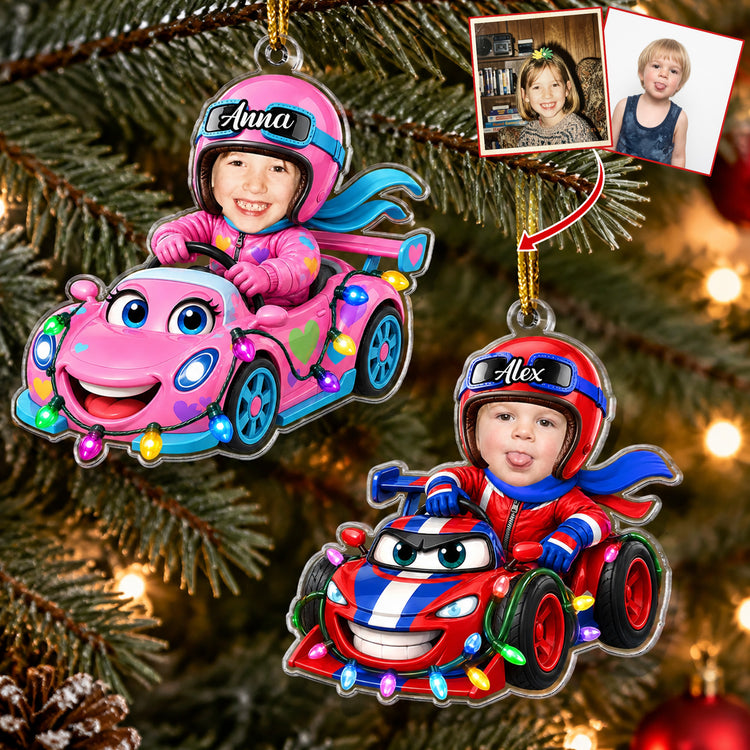 Custom-Kid-Funny-Face-Racing-Car-Christmas-Gifts-For-Son-Daughter-Grandkids-Personalized-Ornament-1