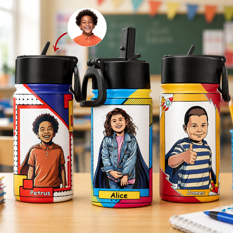 Custom-Kid-Portrait-Vintage-Retro-Art-Comic-Cover-Style-Personalized-Water-Bottle-1