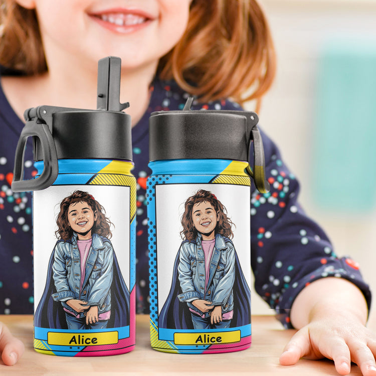 Custom-Kid-Portrait-Vintage-Retro-Art-Comic-Cover-Style-Personalized-Water-Bottle-5