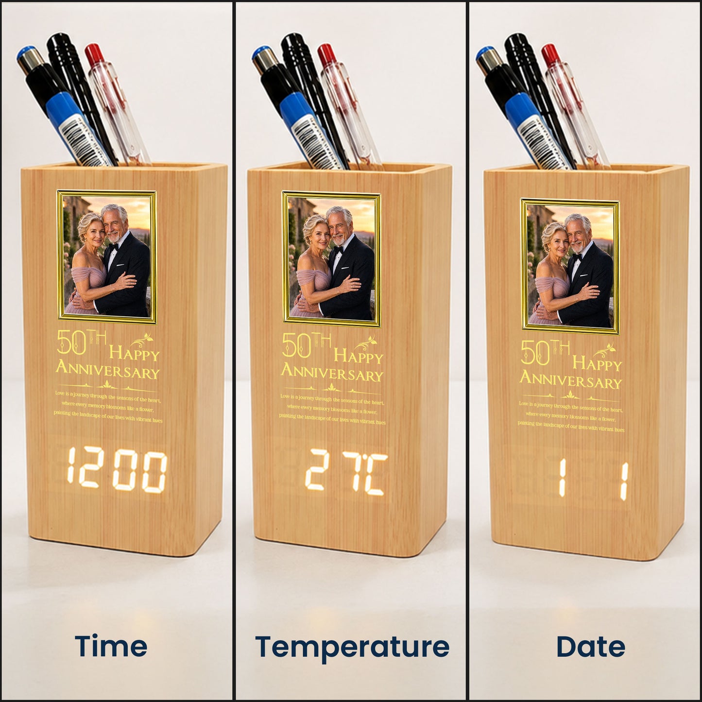 Custom-Milestone-Wedding-Anniversary-Clock-Gifts-For-Parents,-Couple-Personalized-Pen-Holder-With-Clock-5